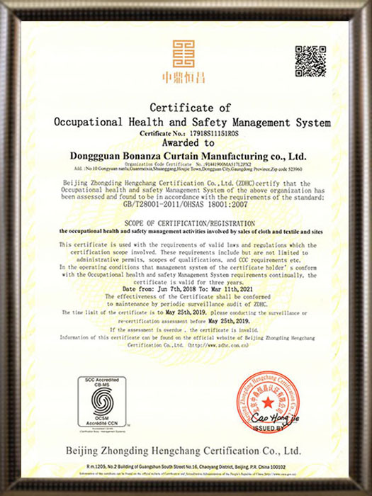 职业健康安全管理体系证认证证书英文版